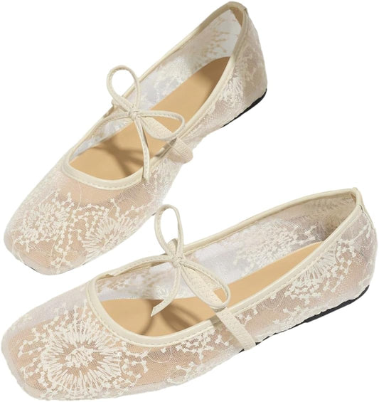 BEAUDRM Women's Polka Dots Mesh Ballet Flats Cute Lace Ballerina Flats | Closed Toe, Square Maryjane Flat, Dressy Casual Work Shoes, Leopard, Lace, Floral, Wedding
