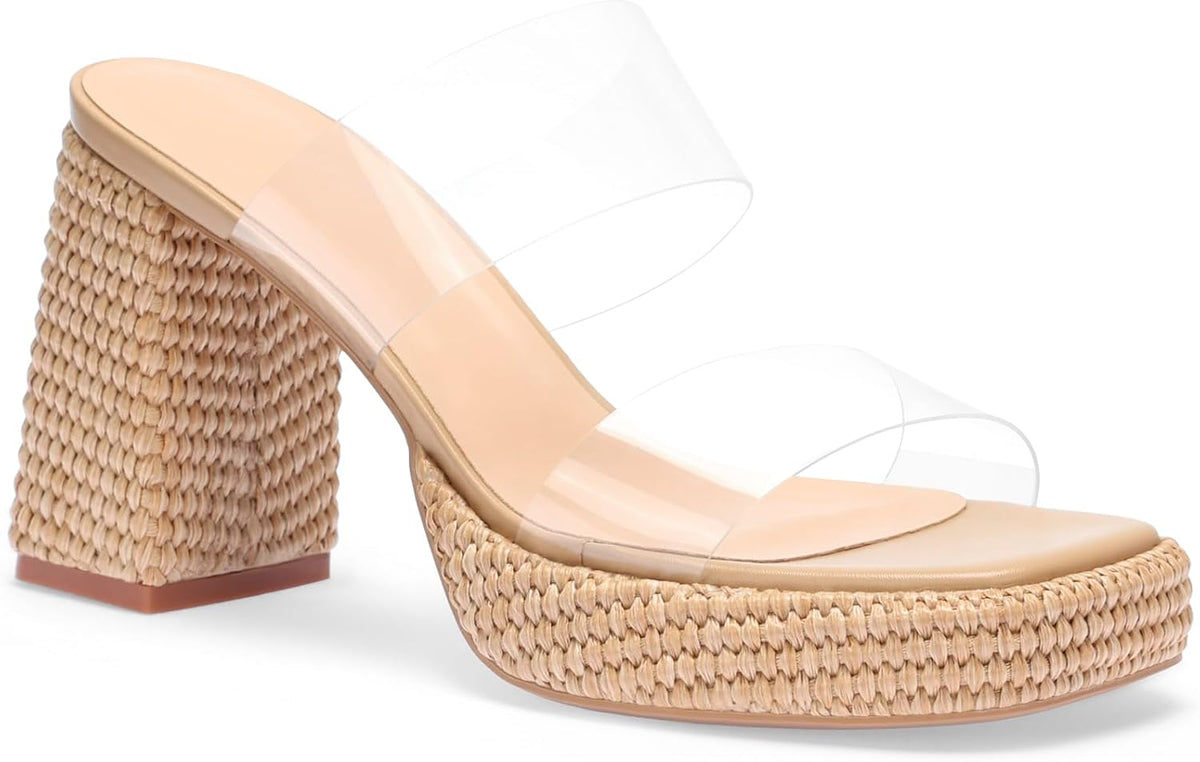 Women's Raffia Platform Heels Block Heeled Sandals Summer Beach Woven Chunky Slip On Casual Vacation