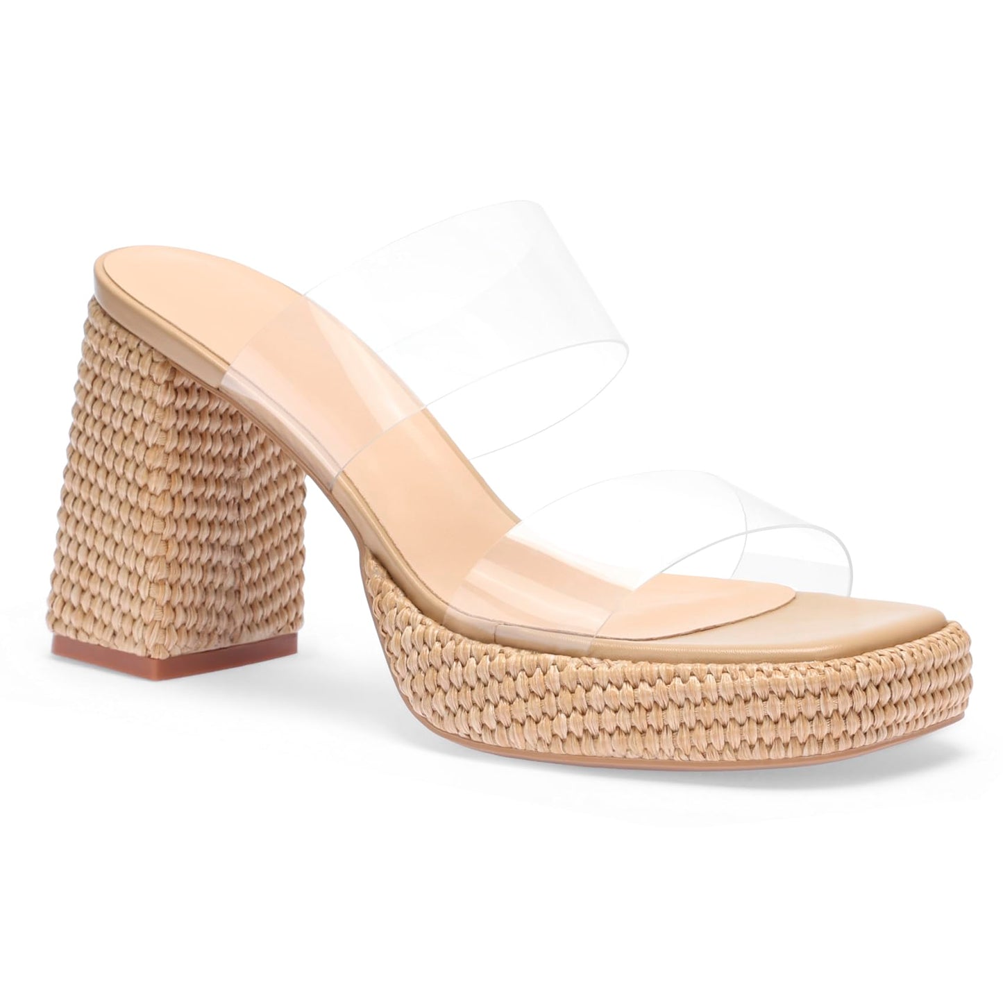 Women's Raffia Platform Heels Block Heeled Sandals Summer Beach Woven Chunky Slip On Casual Vacation
