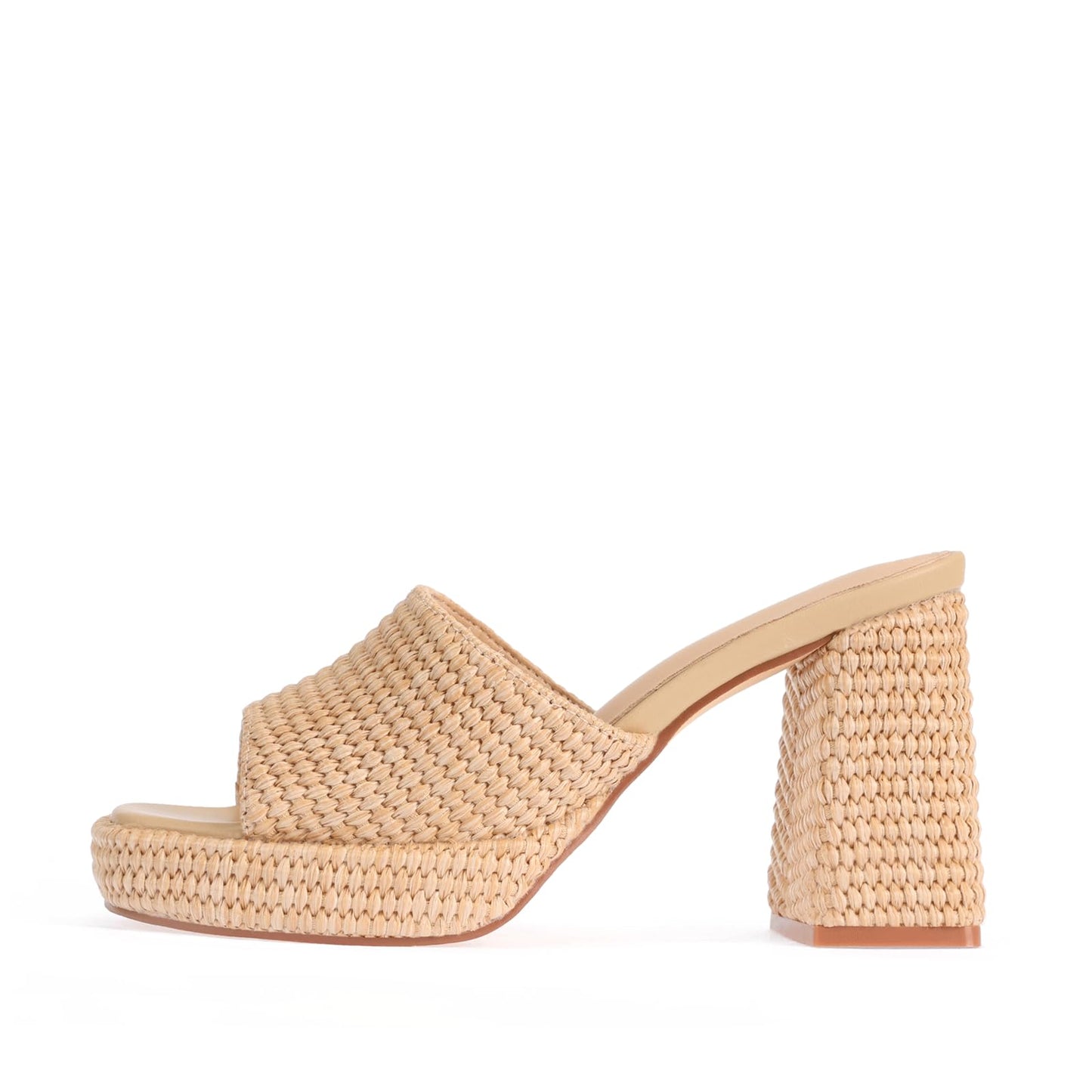Monrovia Raffia Platform Heels for Women – Chunky Block Open Toe Woven Slides, Natural Straw Summer Dressy Vacation Sandals, Comfortable Heeled Slip On Mules