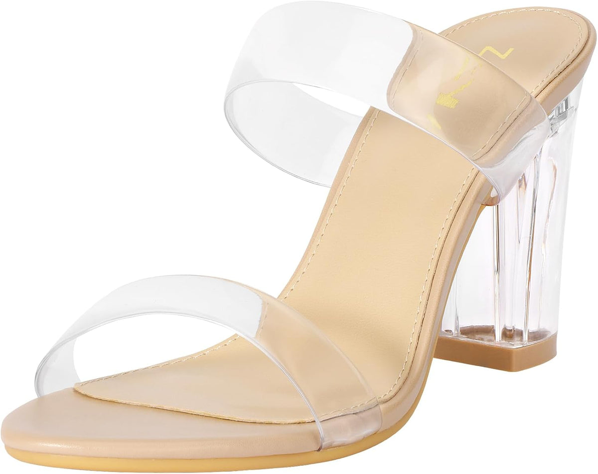 ZriEy Clear Heels for Women Transparent Two Strap Block Chunky Heel Sandals | 3 Inch,Comfy,True to size,Cushioned insole,Anti-slip Rubber Sole,Sturdy,Stylish,Cute,Lightweight,Casual/FormalOccasion