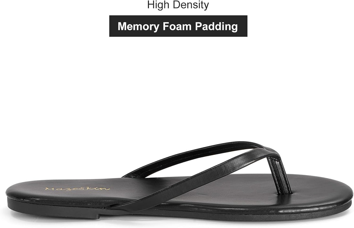 mazeskin Womens Memory Foam Flip Flops Flat Thong Sandals | Soft Vegan Leather Comfortable Cushioned Casual Dressy Beach Summer Minimalist Slim Slide Shoes Indoor Outdoor