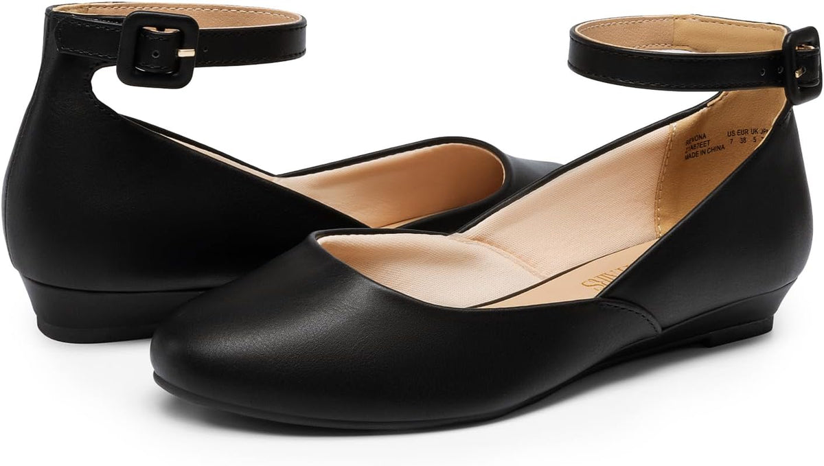 DREAM PAIRS Women's Dress Flats Ballet Low Wedge | Round Toe Flats, Ankle Strap, Comfortable Casual Flat Shoes