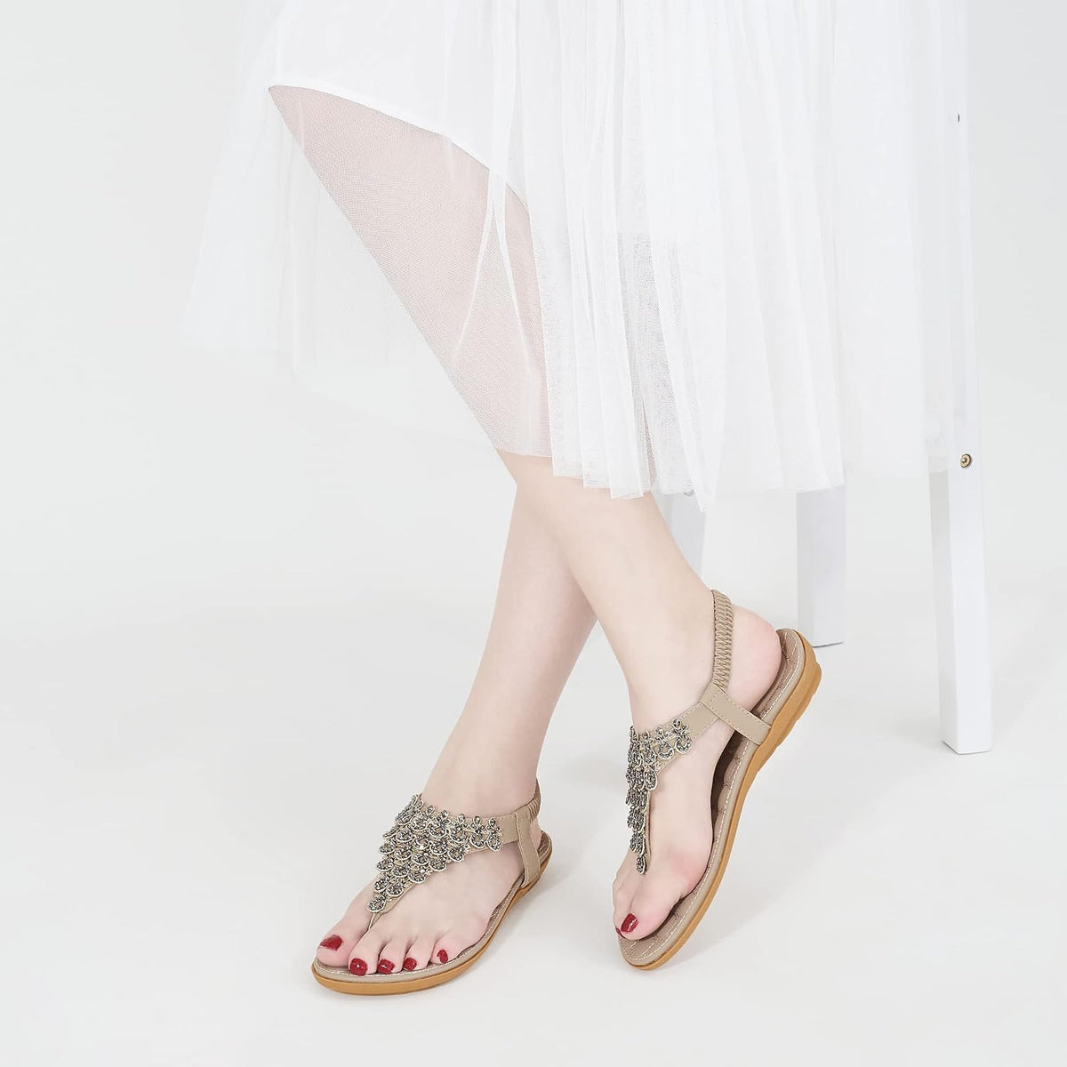 HARENCE Flat Sandals for Women Dressy: Comfort Thong T-Strap Walking Shoes 2026 with Elastic Ankle Strap for Summer Casual Vacation