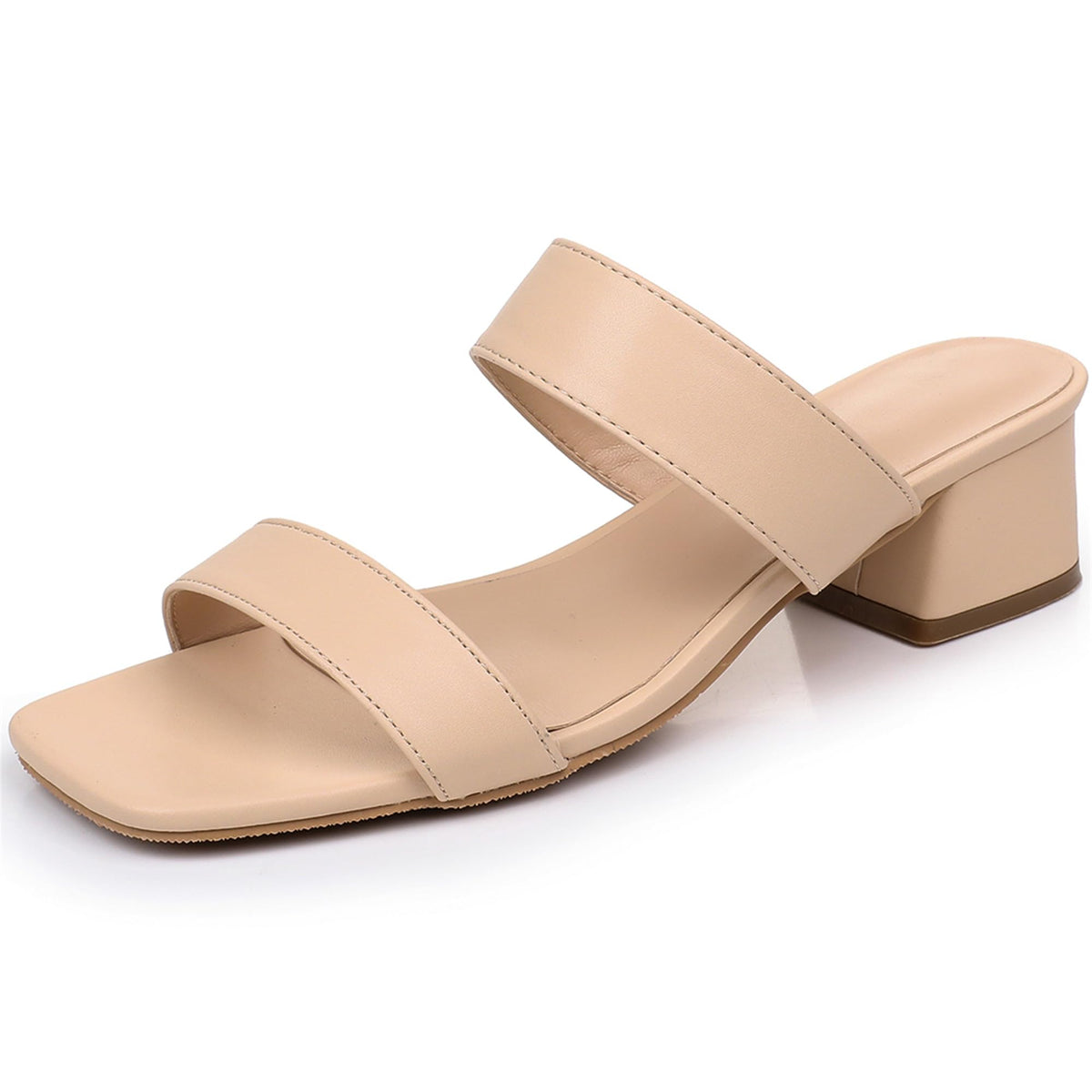 Two Strap Women's Heeled Sandals - Square Open Toe Comfortable Slip On Block Low Heel Dress Shoes - Nude Black White Chunky Heel Sandals 1.77 Inch