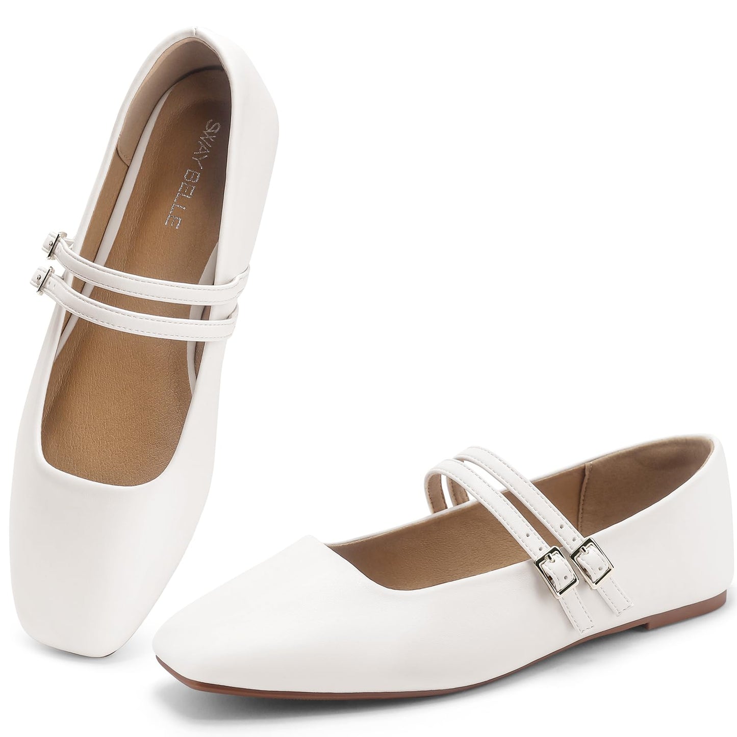 Womens Mary Jane Flats Double Straps Ballet Flats Slip On Casual Shoe | Adjustable Buckle, PU Leather, Breathable Lining, Square Toe Shoes for Women
