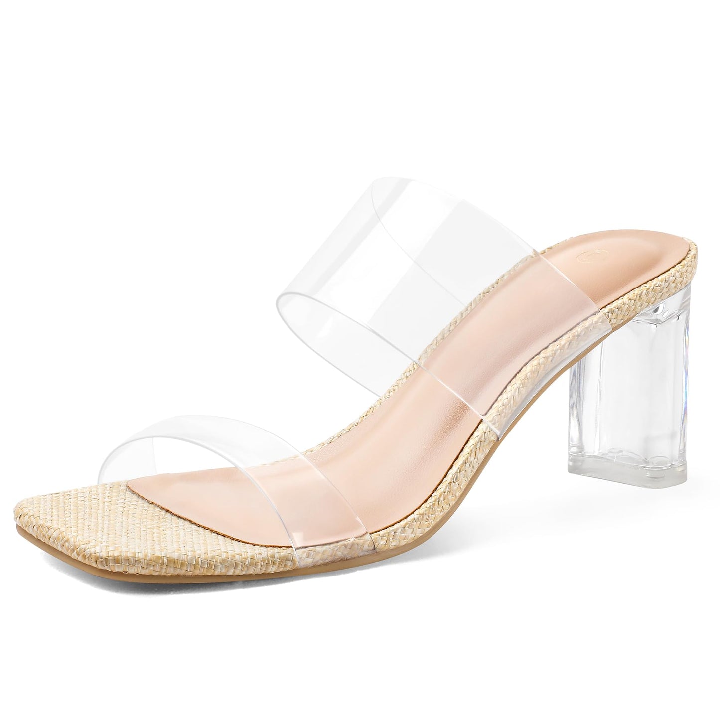 mysoft Women's Clear Heels Square Toe Chunky Block Heel Sandals | 3 Inch Block Heel, Two Clear Straps, Slip On, Square Open Toe, Comfortable, Lightweight, Daily Walking, Party, Summer Dressy