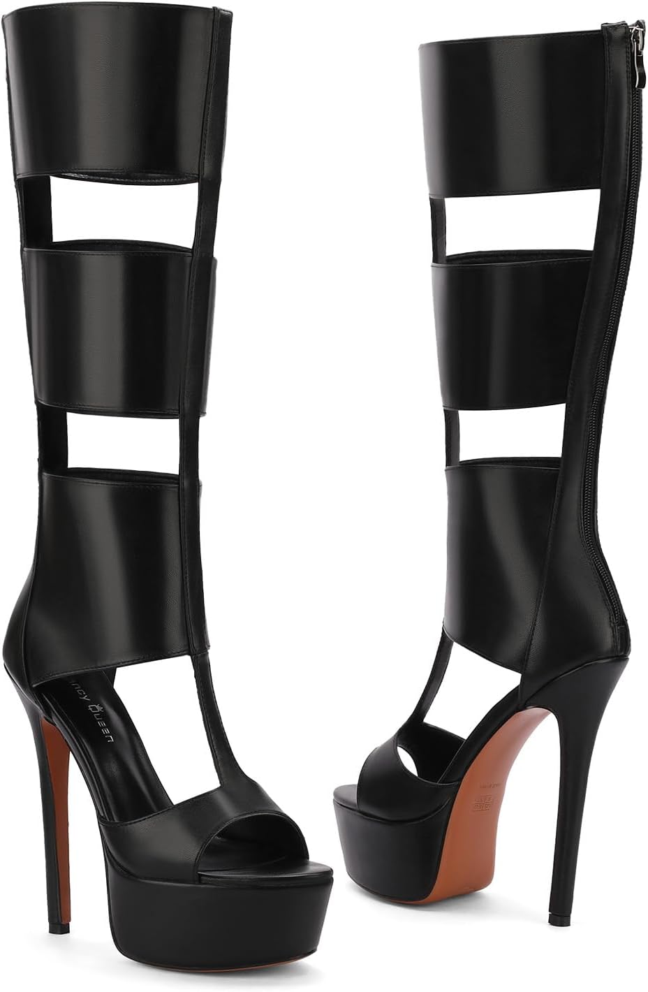FancyQueen Platform Knee High Heels for Women, Gladiator Open Toe Summer Boots Black Heels Sandal, Sexy Style Casual for Party