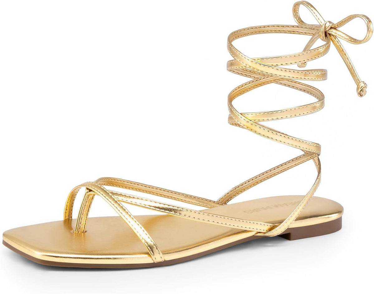 DREAM PAIRS Womens Strappy Lace Up Summer Flat Sandals | Comfortable Thong Design Gladiator Dressy Square Toe Tie Up Sandals for Walking Beach Vocation City Walks Travel