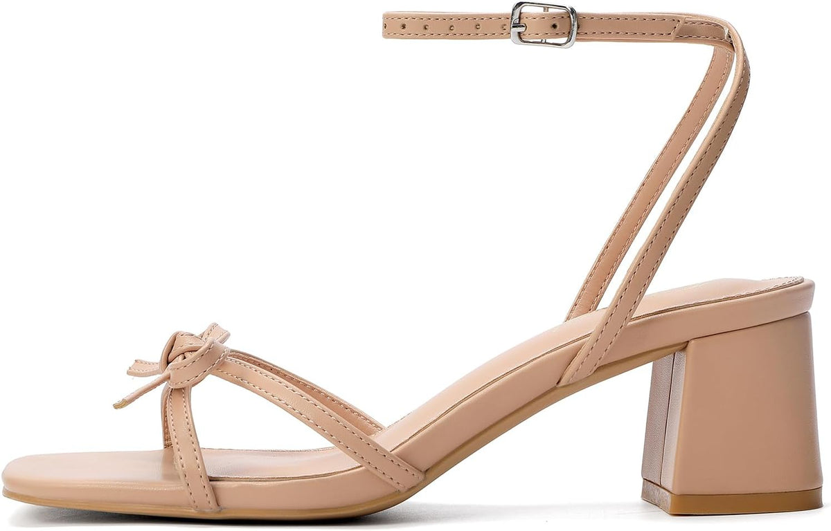 Women's Bow Strappy Low Heels | Block Chunky, Square Open Toe, Dress Sandals, Wedding Party
