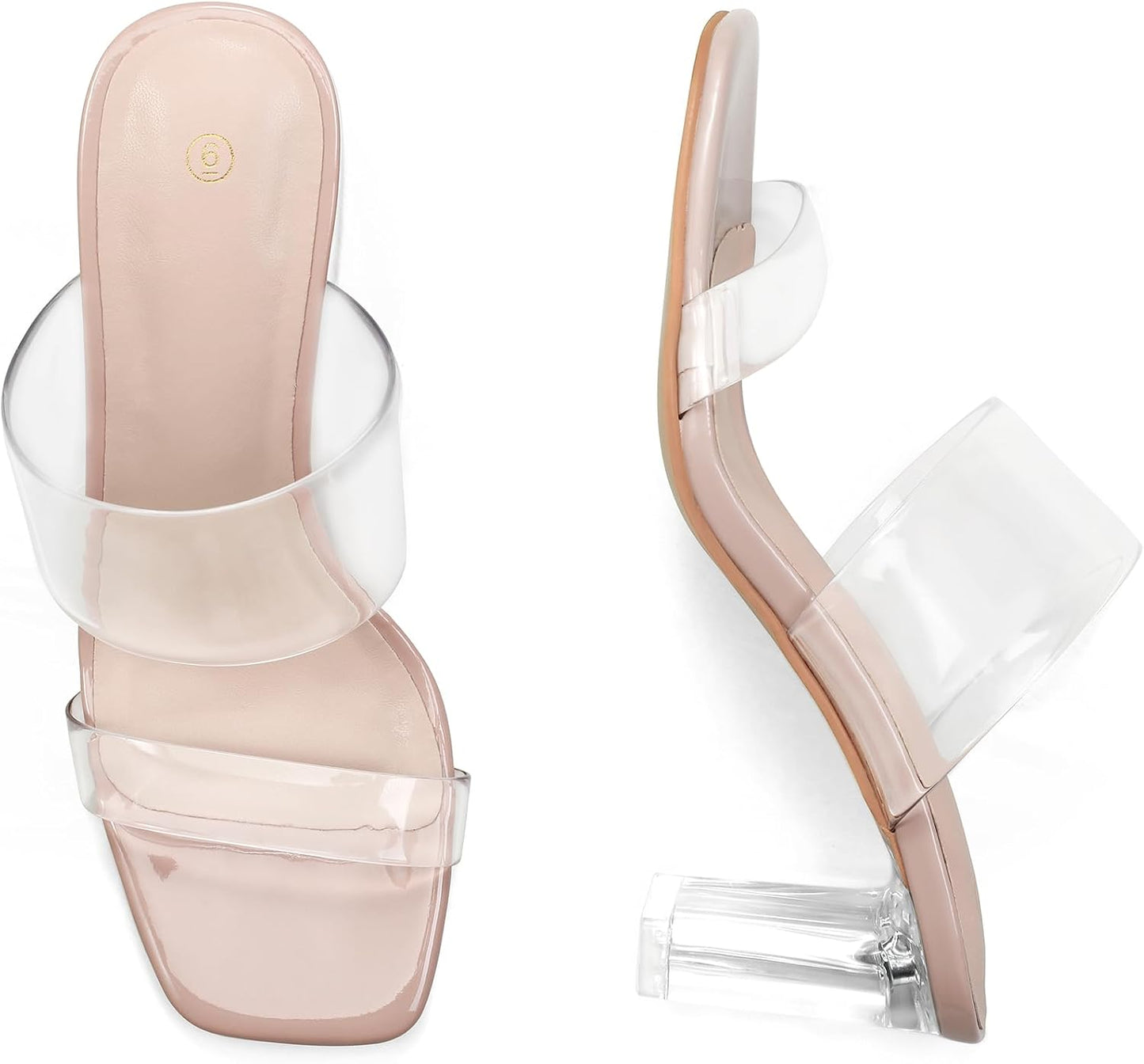 mysoft Women's Clear Heels Square Toe Chunky Block Heel Sandals | 3 Inch Block Heel, Two Clear Straps, Slip On, Square Open Toe, Comfortable, Lightweight, Daily Walking, Party, Summer Dressy