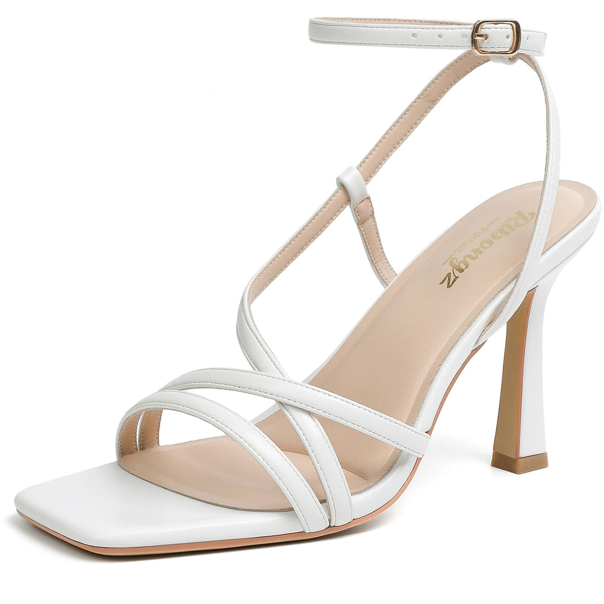 RIBONGZ Block Heels Prom Heeled Sandals for Women Chunky Square Open Toe Strappy High Heels Ankle Strap Wedding Bridal Shoes High Heel Sandals for Party Dress