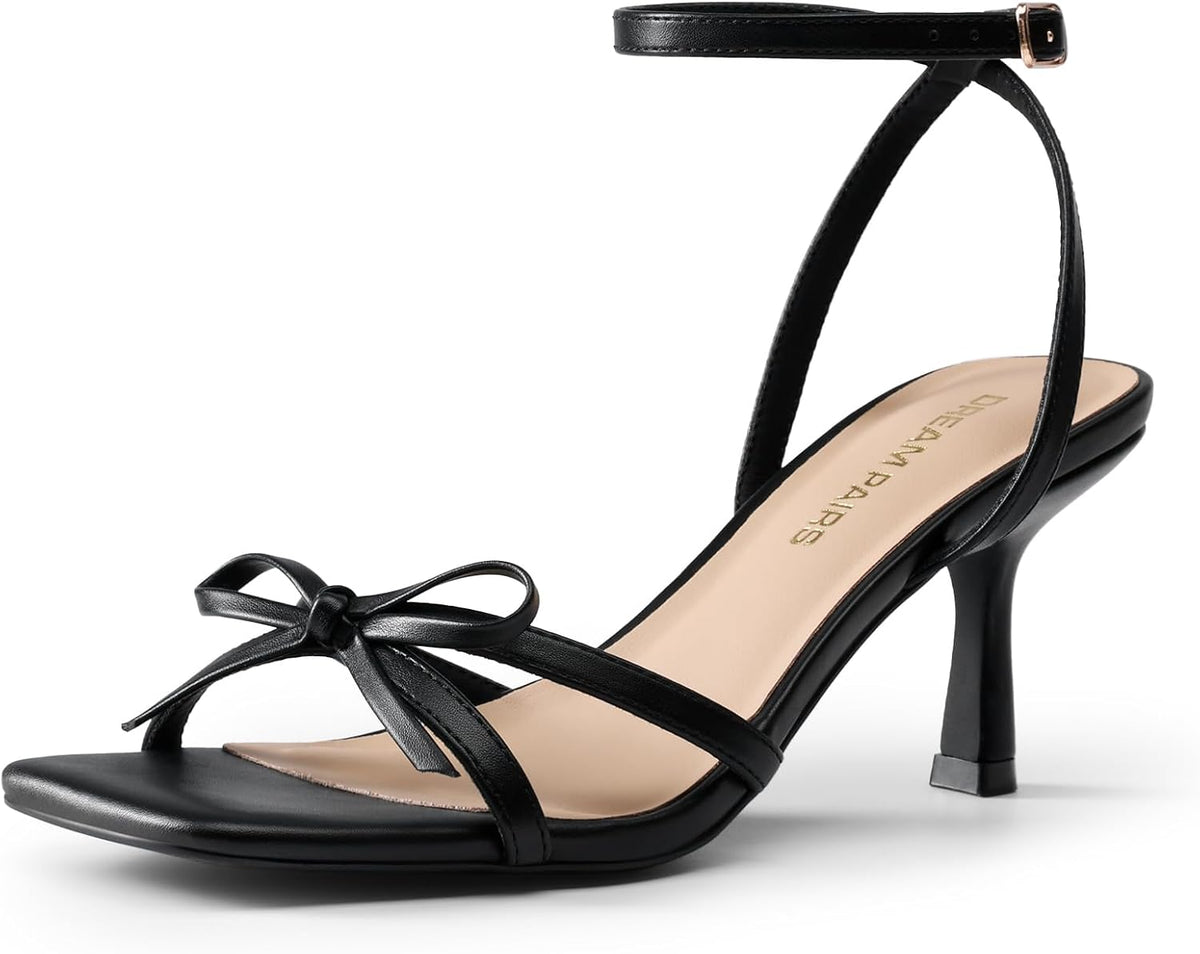 DREAM PAIRS Women's Elegant Bow Strappy Kitten Heel Sandals | Square Open Toe Ankle Strap Dress Heels, Comfort Bridal Heeled Sandals for Wedding and Formal Party Occasions