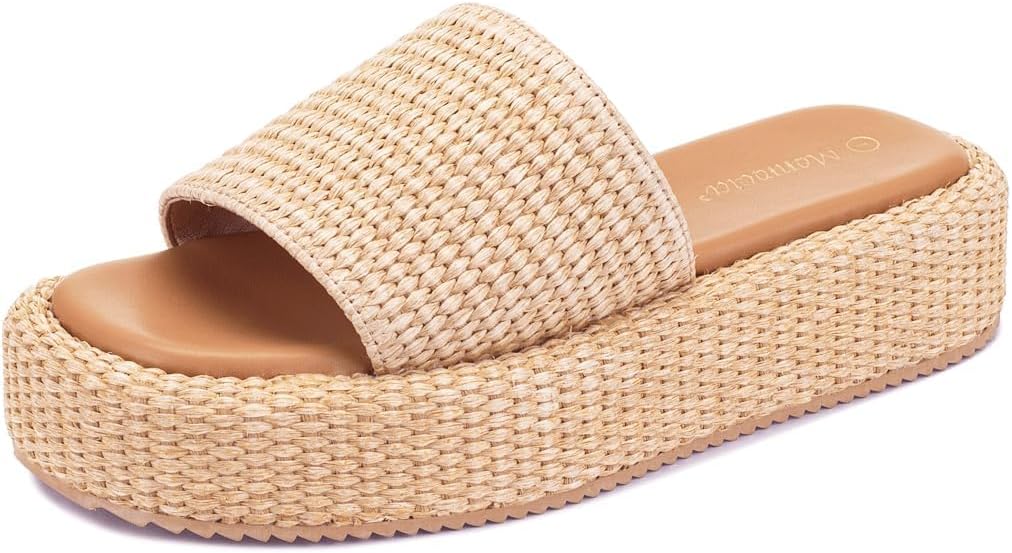 Monrovia Platform Sandals Women Raffia Espadrille Slides, Woven Straw Flatform Beach Sandals Women, Slip On Summer Vacation Shoes, Comfortable Casual Daily Wear