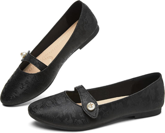 FINIWOR Women's Mary Jane Flats Floral Print Ballet Flats | adjustable strap, pearl buckle, memory foam insole, pu leather, vintage print, slip-on, dress shoes for women