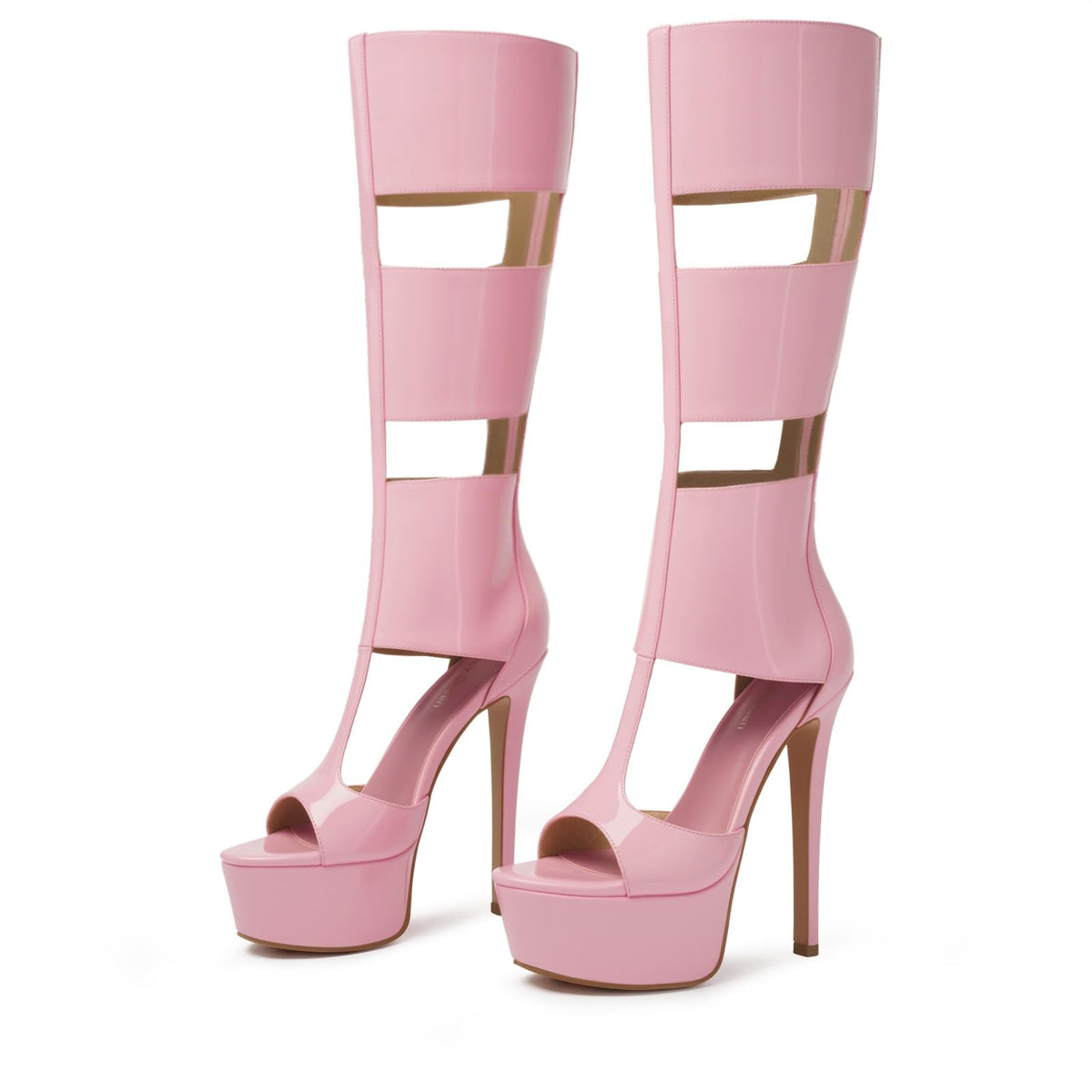 FancyQueen Platform Knee High Heels for Women, Gladiator Open Toe Summer Boots Black Heels Sandal, Sexy Style Casual for Party