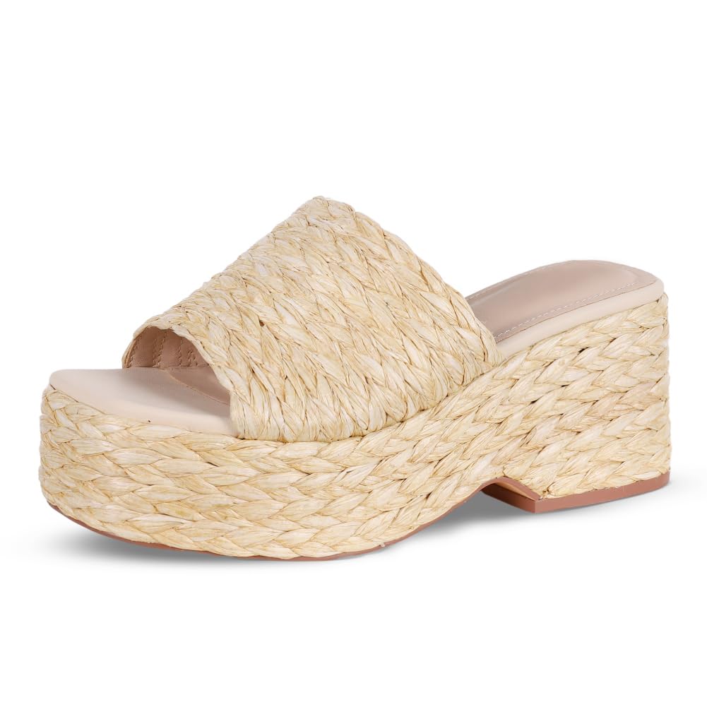 EQAUDES Platform Sandals For Women Espadrilles Wedges Summer Beach Shoes | Raffia, Woven, Chunky Block Heels, Dressy Slides, Non-Slip Sole, Slip On, Square Open Toe, Daliy And Vacation Outfits