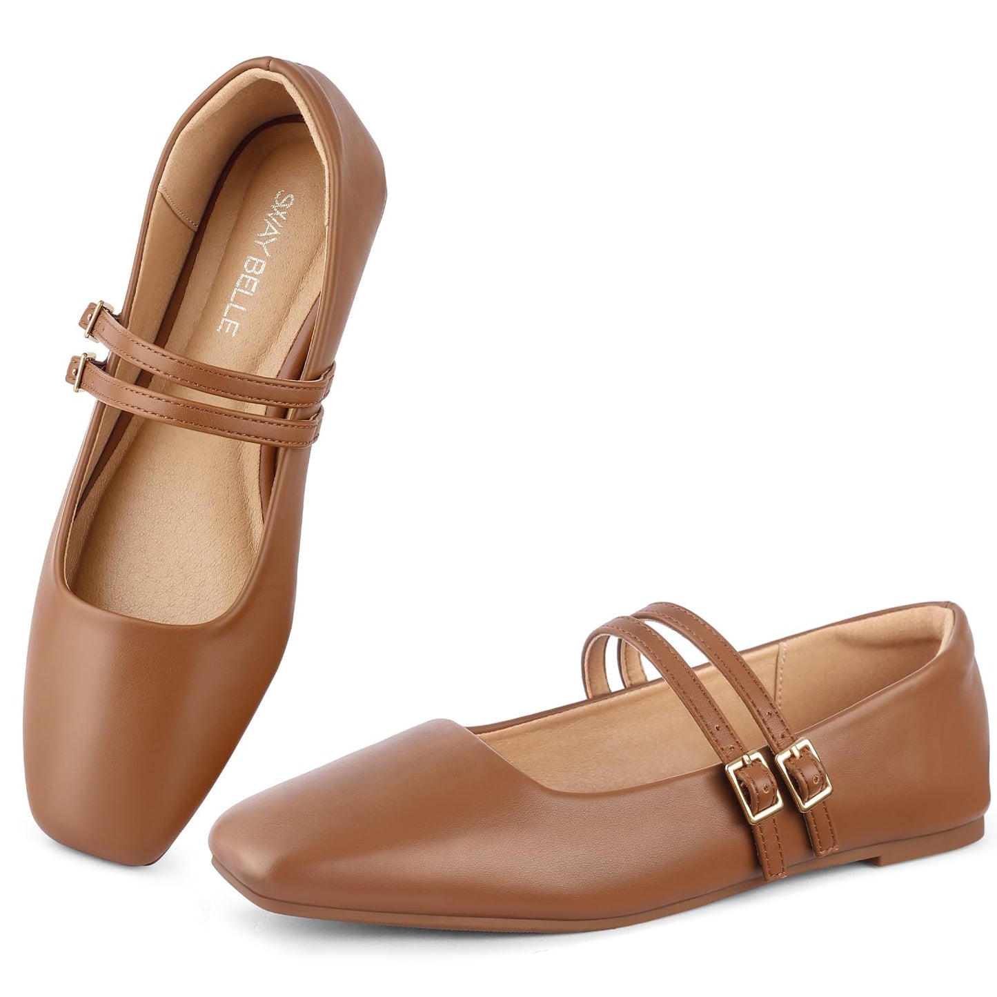 Womens Mary Jane Flats Double Straps Ballet Flats Slip On Casual Shoe | Adjustable Buckle, PU Leather, Breathable Lining, Square Toe Shoes for Women