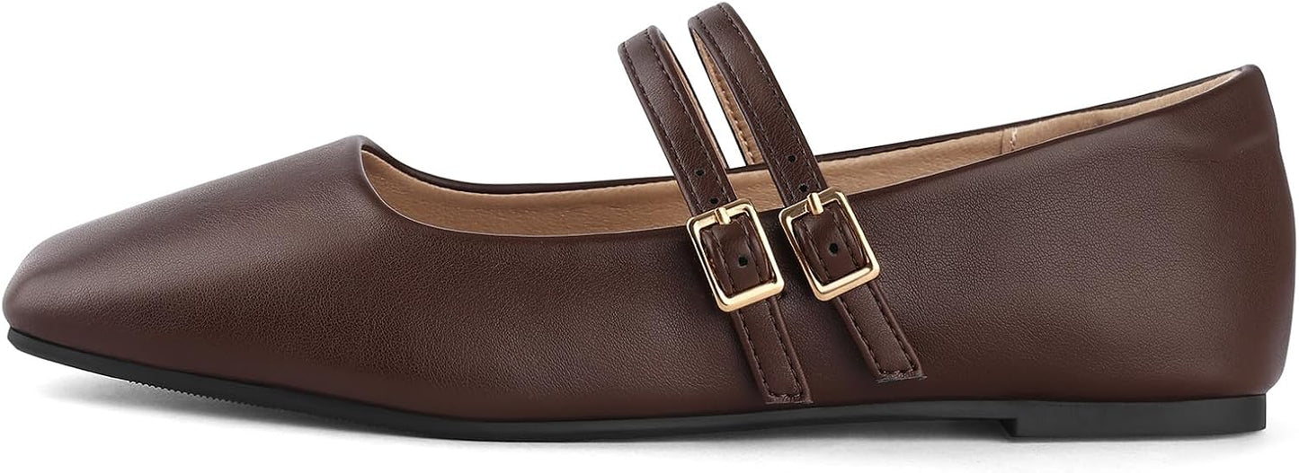Womens Mary Jane Flats Double Straps Ballet Flats Slip On Casual Shoe | Adjustable Buckle, PU Leather, Breathable Lining, Square Toe Shoes for Women