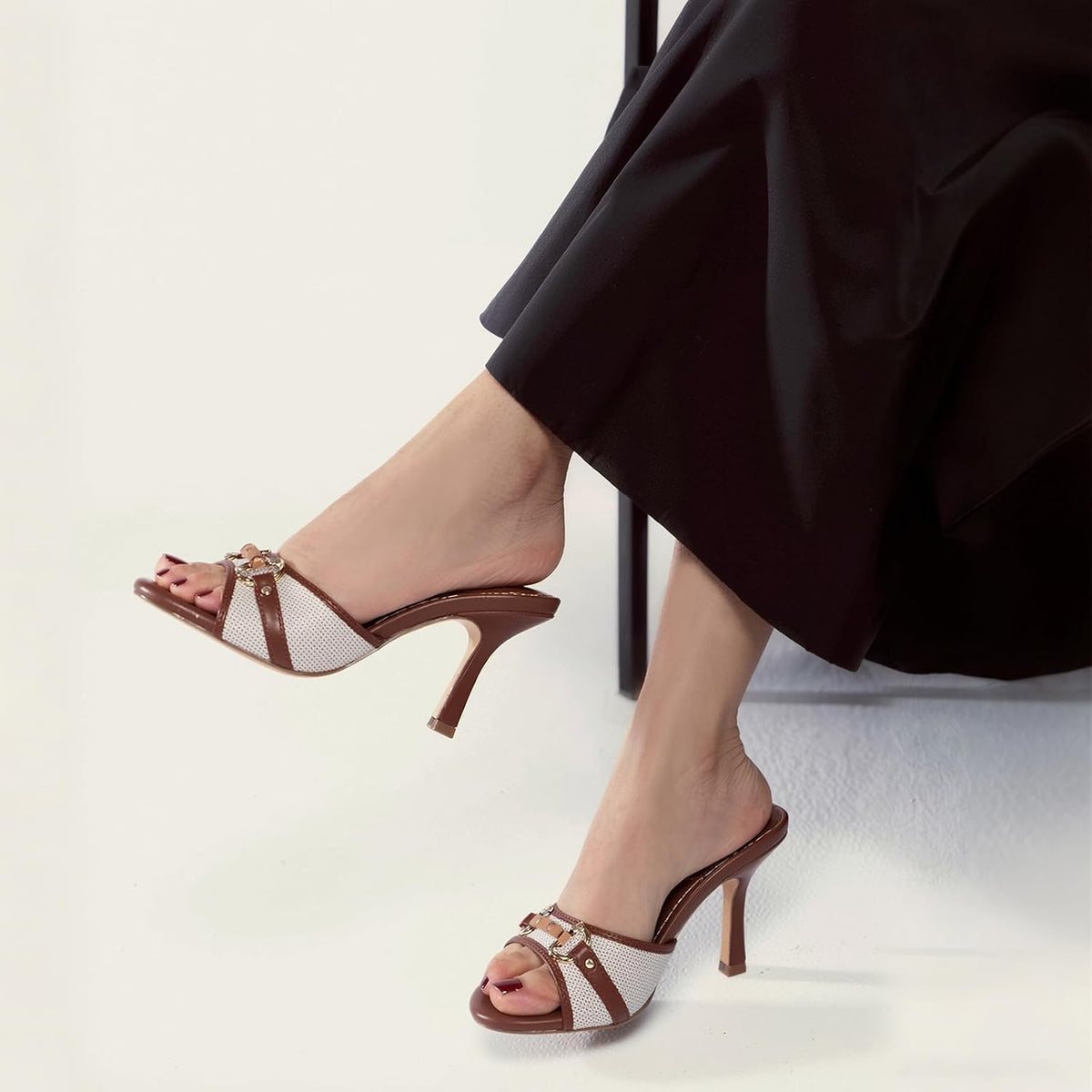 AOSPHIRAYLIAN High Heels Brown Heels for Women Open Toe Kitten Heel Sandals | Unique Buckle·Comfy Padded·Round Toe·3.3" Heel Height·Leather Upper·Peep Toe·Lightweight —Summer, Wedding, Party to Office