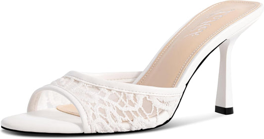 Women's Kitten Heels Open Toe Mules Heels Slip On Lace Heeled Sandals Summer Dress Shoes for Party Wedding