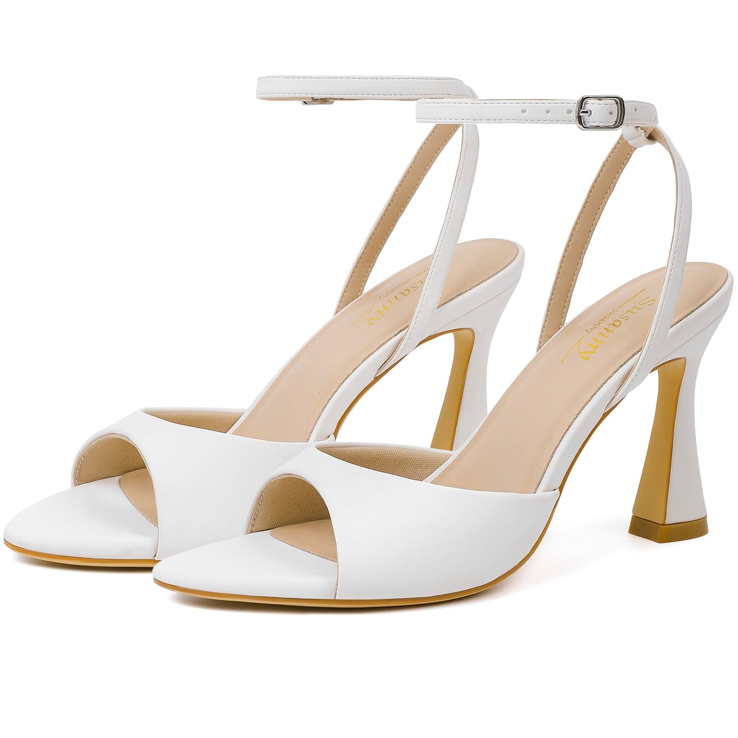 Susanny High Heels for Women Pointed Open Toe Strappy Chunky Block Heels Ankle Strap Stiletto Kitten Heeled Sandals Wedding Bridal Party Prom Sexy Dress Shoes