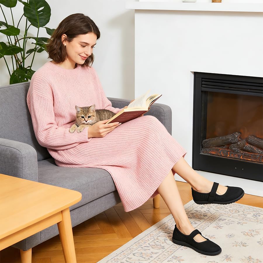 Waluzs Wide Toe Box Flats Shoes Women Knit Mary Jane Dress Shoes Wide | Walking Wide Width Barefoot Zero Drop Comfort Breathable Slip on Womens Ballet Mary Janes Sneakers with Velcro Ankle Strap