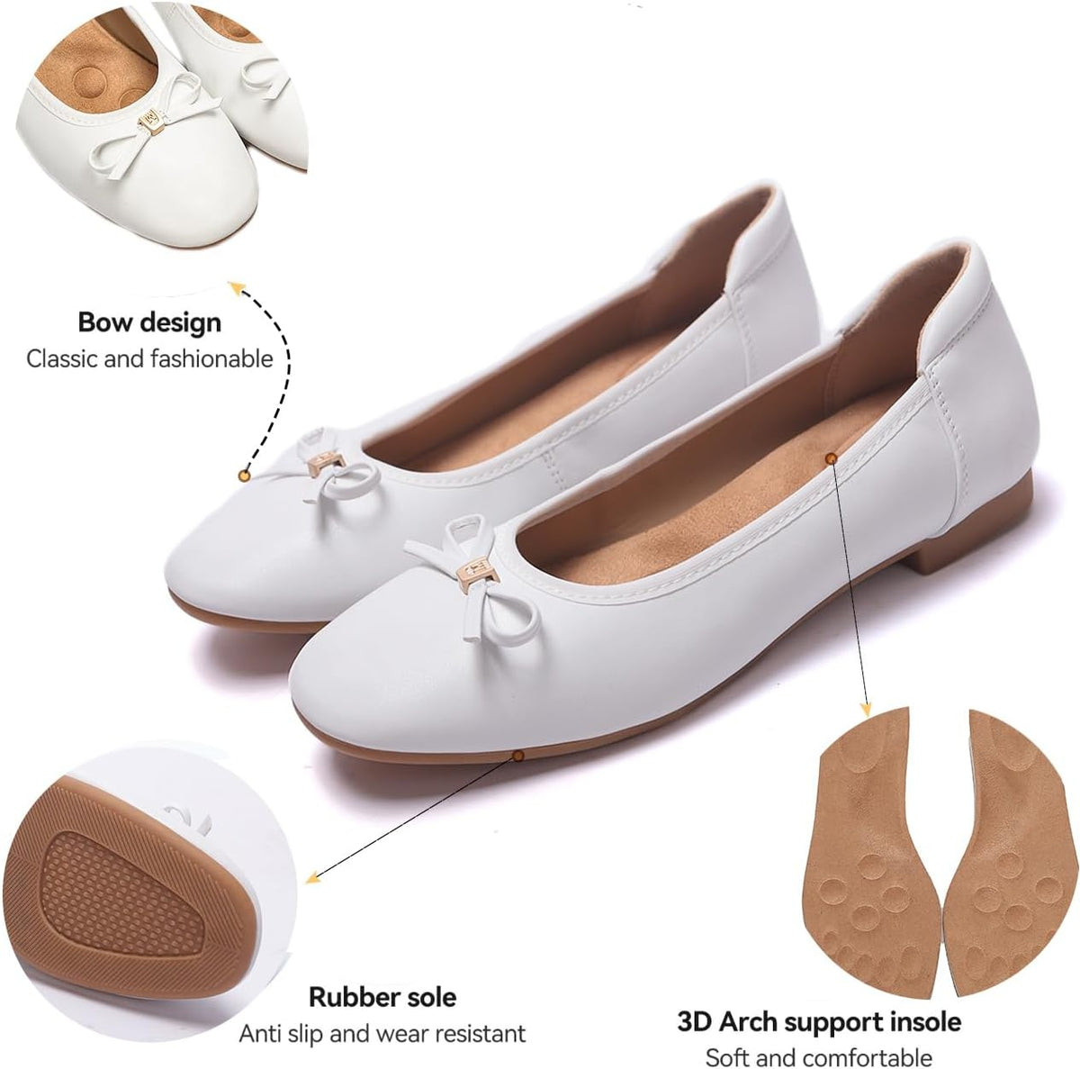 Women's Comfortable Ballet Flats Round Toe Flat Shoes for Women Bow Dressy Flats Shoes with Arch Support Insole