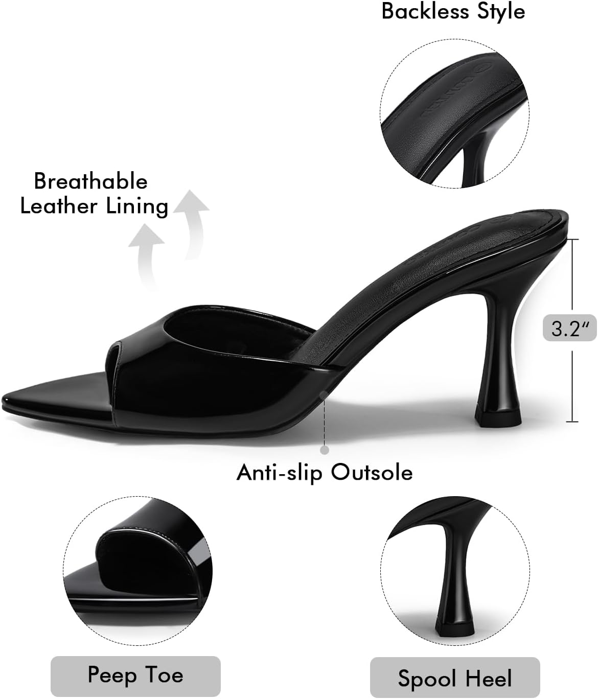 Coutgo Womens Kitten Heel Sandals Heeled Mules Pointed Open Toe High Heels | Comfortable, Sexy, Slip On, Backless, Dress Shoes, 3.2 Inch, Peep Toe, Wedding, Bridal, Party, Prom, Graduation
