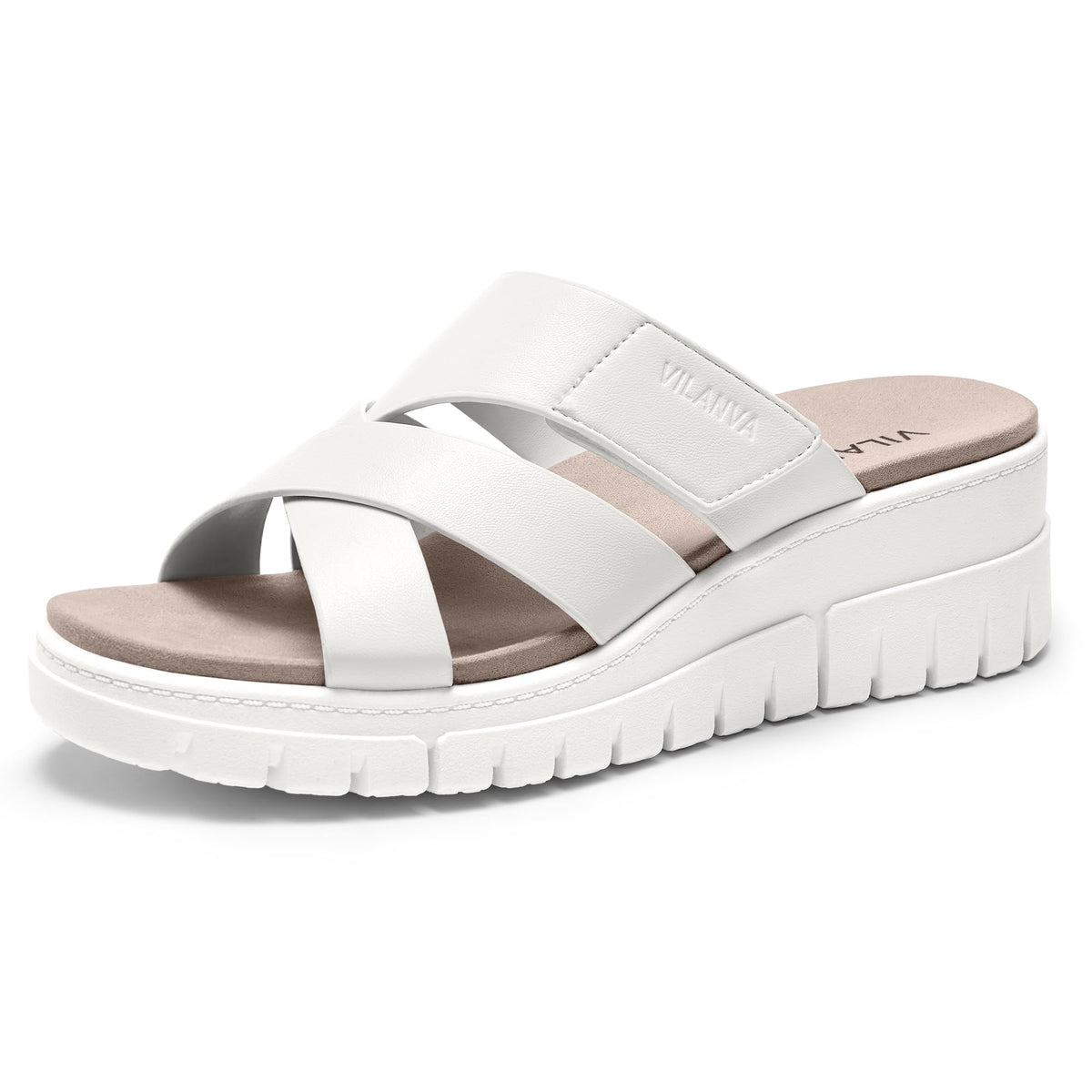 Vilanva Women's Orthopedic Platform Slip On Slides | Comfortable Arch Support, 2-Inch Wedge Heel, Adjustable Velcro Strap