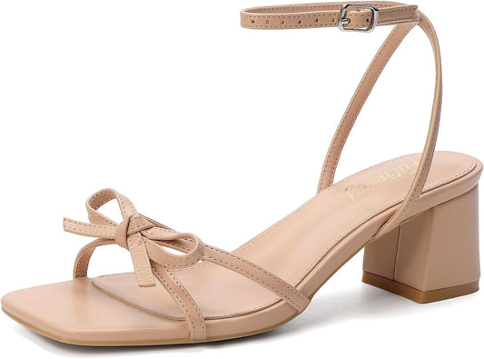 Women's Bow Strappy Low Heels | Block Chunky, Square Open Toe, Dress Sandals, Wedding Party