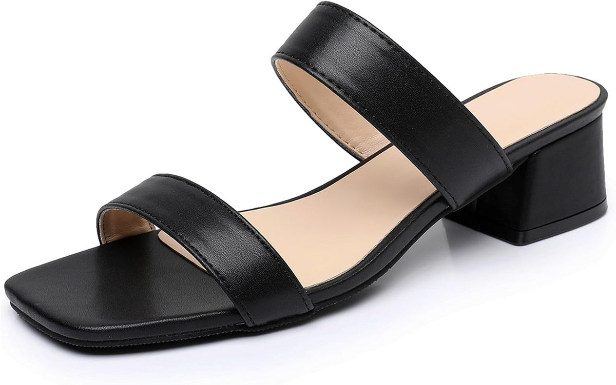 Two Strap Women's Heeled Sandals - Square Open Toe Comfortable Slip On Block Low Heel Dress Shoes - Nude Black White Chunky Heel Sandals 1.77 Inch