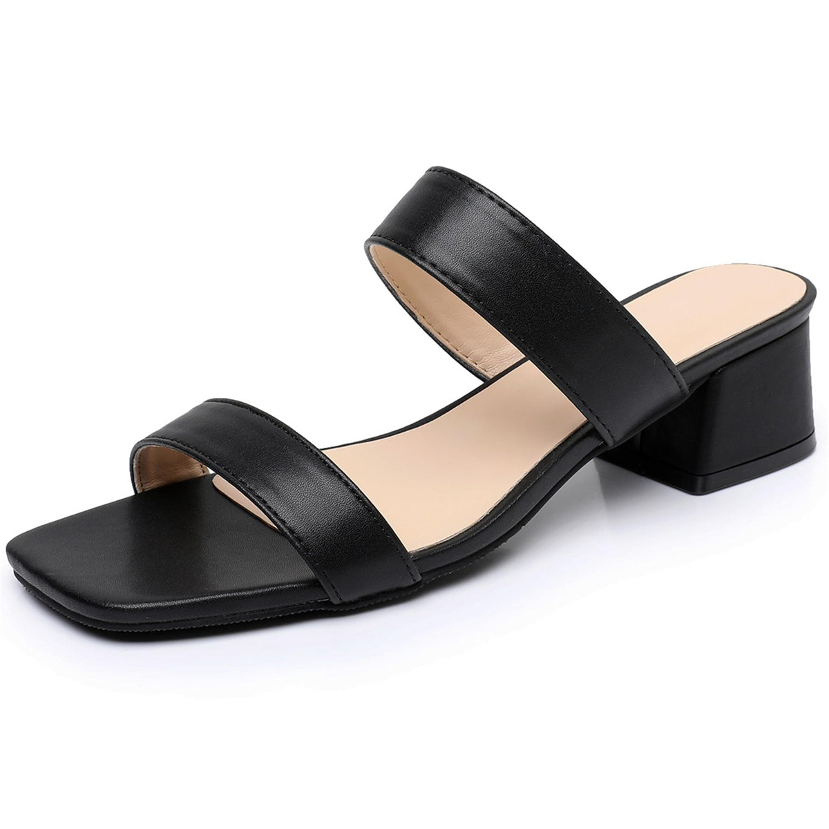 Two Strap Women's Heeled Sandals - Square Open Toe Comfortable Slip On Block Low Heel Dress Shoes - Nude Black White Chunky Heel Sandals 1.77 Inch