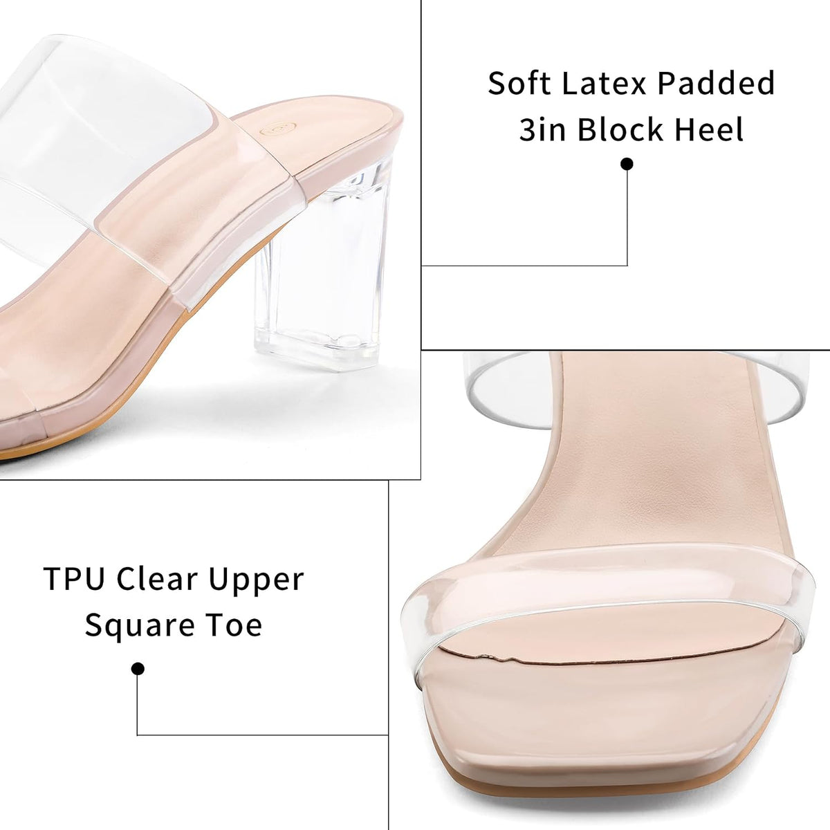 mysoft Women's Clear Heels Square Toe Chunky Block Heel Sandals | 3 Inch Block Heel, Two Clear Straps, Slip On, Square Open Toe, Comfortable, Lightweight, Daily Walking, Party, Summer Dressy