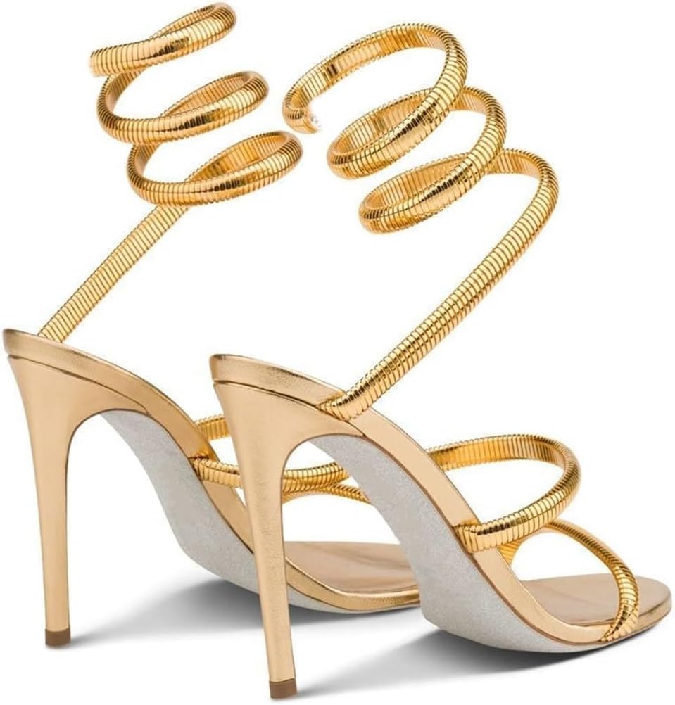 perixir Gold Heels for Women, High Heels with Spiral, 4.17" Stiletto Heeled Sandals for Dressy Women, Lace Up Sandals Comfortable Slingback Sandal