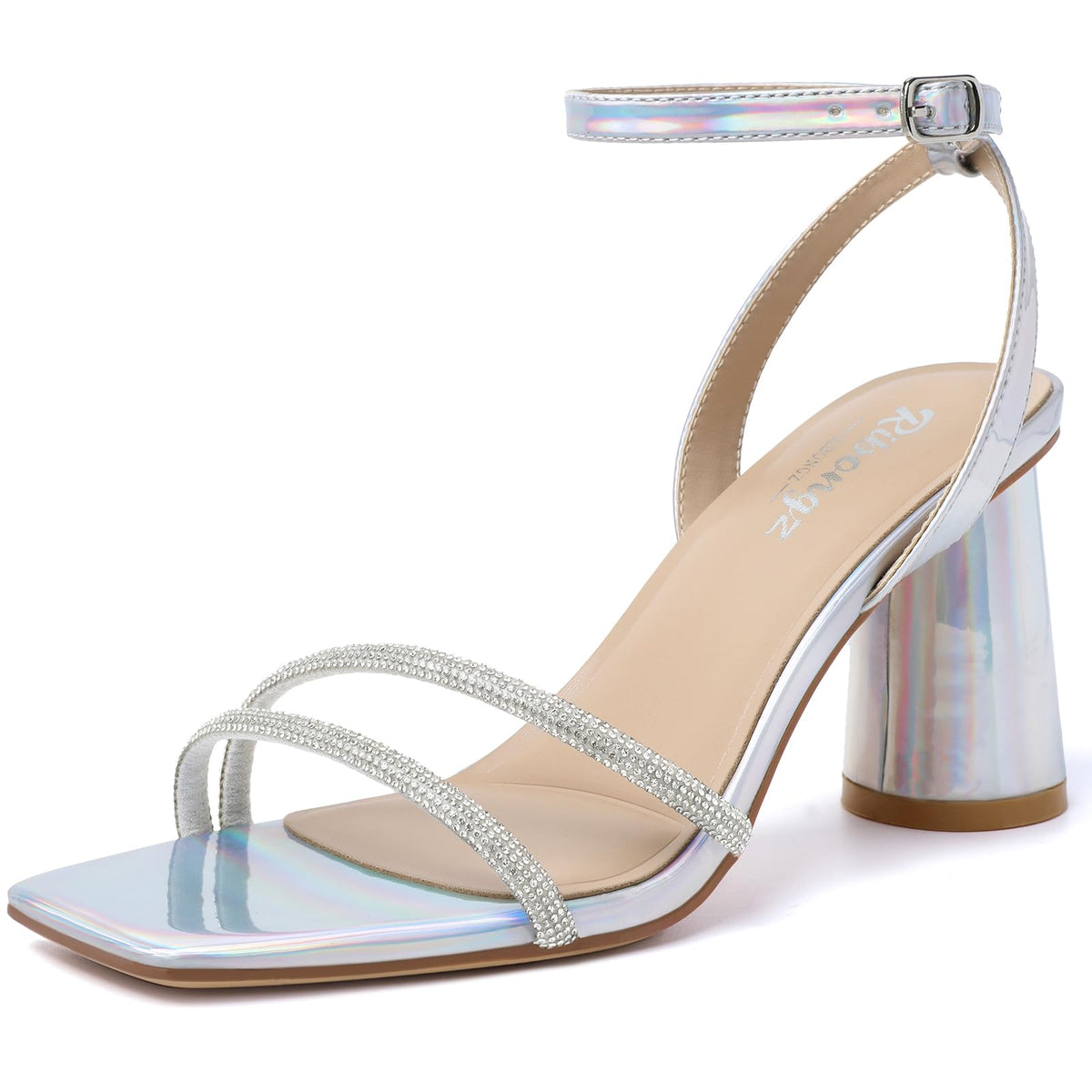 RIBONGZ Block Heels Prom Heeled Sandals for Women Chunky Square Open Toe Strappy High Heels Ankle Strap Wedding Bridal Shoes High Heel Sandals for Party Dress
