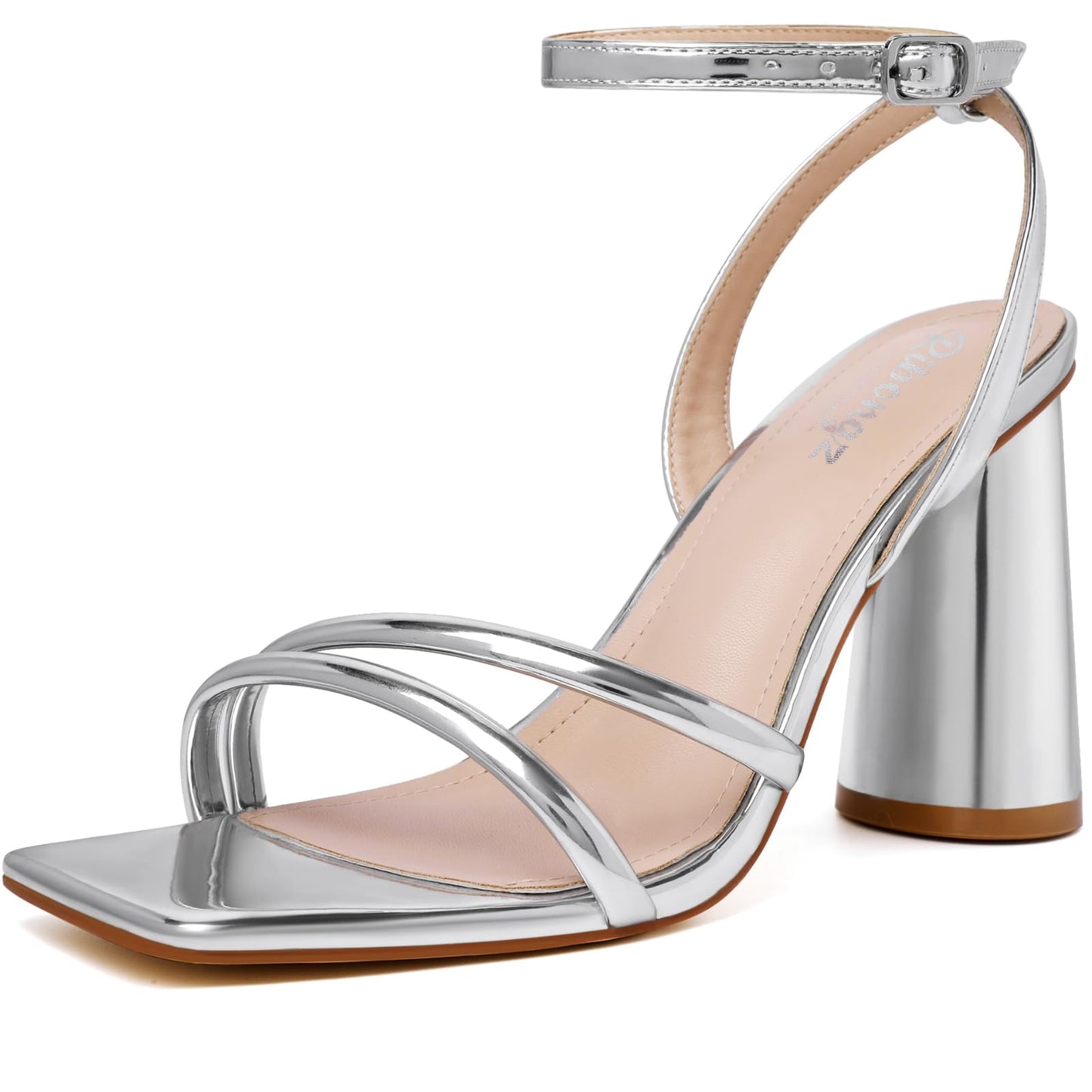 RIBONGZ Block Heels Prom Heeled Sandals for Women Chunky Square Open Toe Strappy High Heels Ankle Strap Wedding Bridal Shoes High Heel Sandals for Party Dress