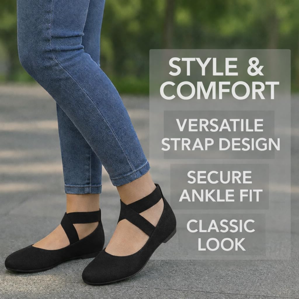 EMMA NEW YORK Ankle Strap Flats for Women | Foam Cushioned Insole, Criss Cross Elastic Strap, Dressy Mary Jane Style