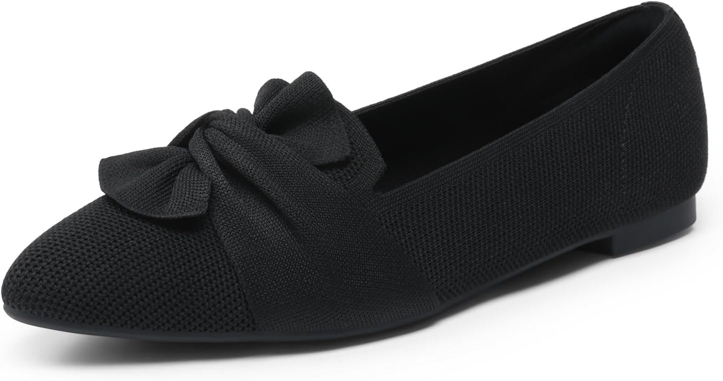 DREAM PAIRS Women's Foldable Bow Pointed Toe Ballet Flats | Soft Knit Upper, Cushioned Arch-support Insole, Easy to Carry, Comfort All-Day