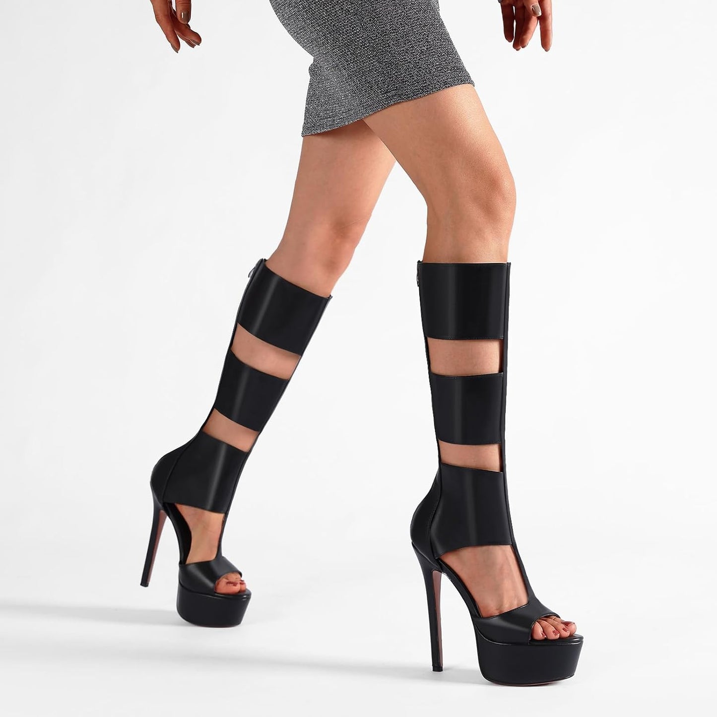FancyQueen Platform Knee High Heels for Women, Gladiator Open Toe Summer Boots Black Heels Sandal, Sexy Style Casual for Party