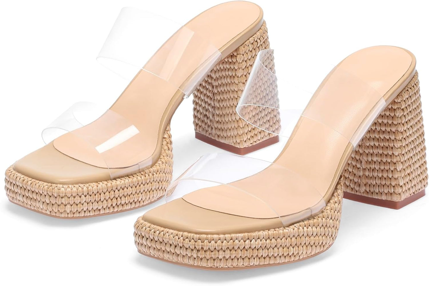 Women's Raffia Platform Heels Block Heeled Sandals Summer Beach Woven Chunky Slip On Casual Vacation