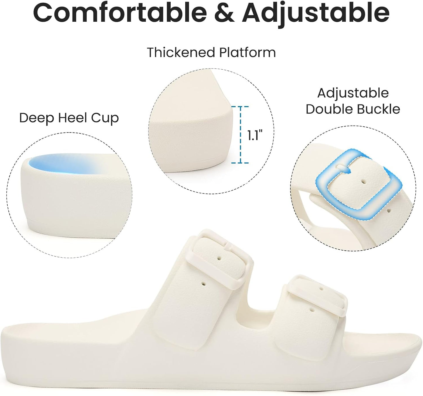 Womens Comfortable Arch Support Beach Sandals Waterproof Eva Slides | Adjustable Double Buckles,Quick Dry,Summer Walking Slides,Non Slip,Lightweight,Pool Sandals,Shower Outdoor Shoes