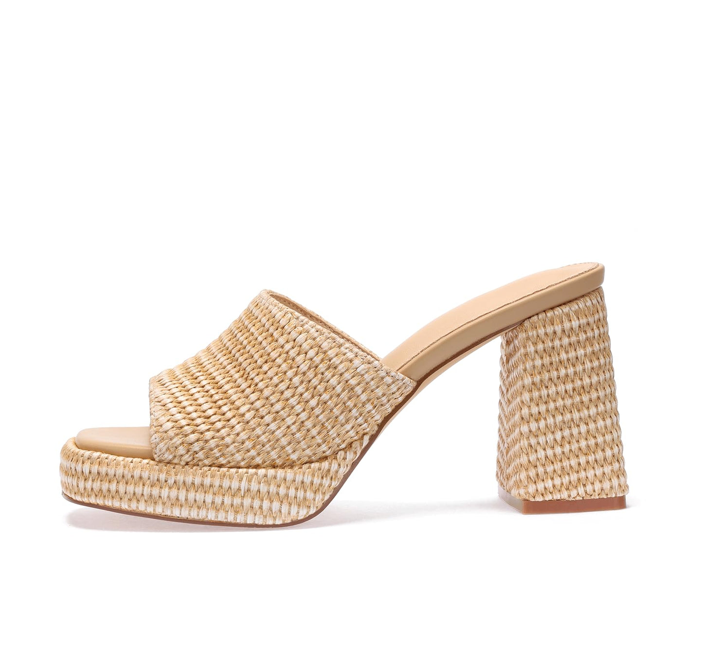Monrovia Raffia Platform Heels for Women – Chunky Block Open Toe Woven Slides, Natural Straw Summer Dressy Vacation Sandals, Comfortable Heeled Slip On Mules