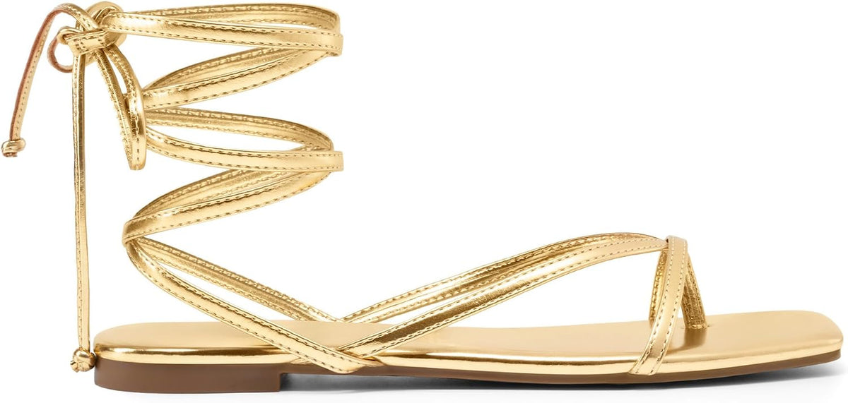 DREAM PAIRS Womens Strappy Lace Up Summer Flat Sandals | Comfortable Thong Design Gladiator Dressy Square Toe Tie Up Sandals for Walking Beach Vocation City Walks Travel