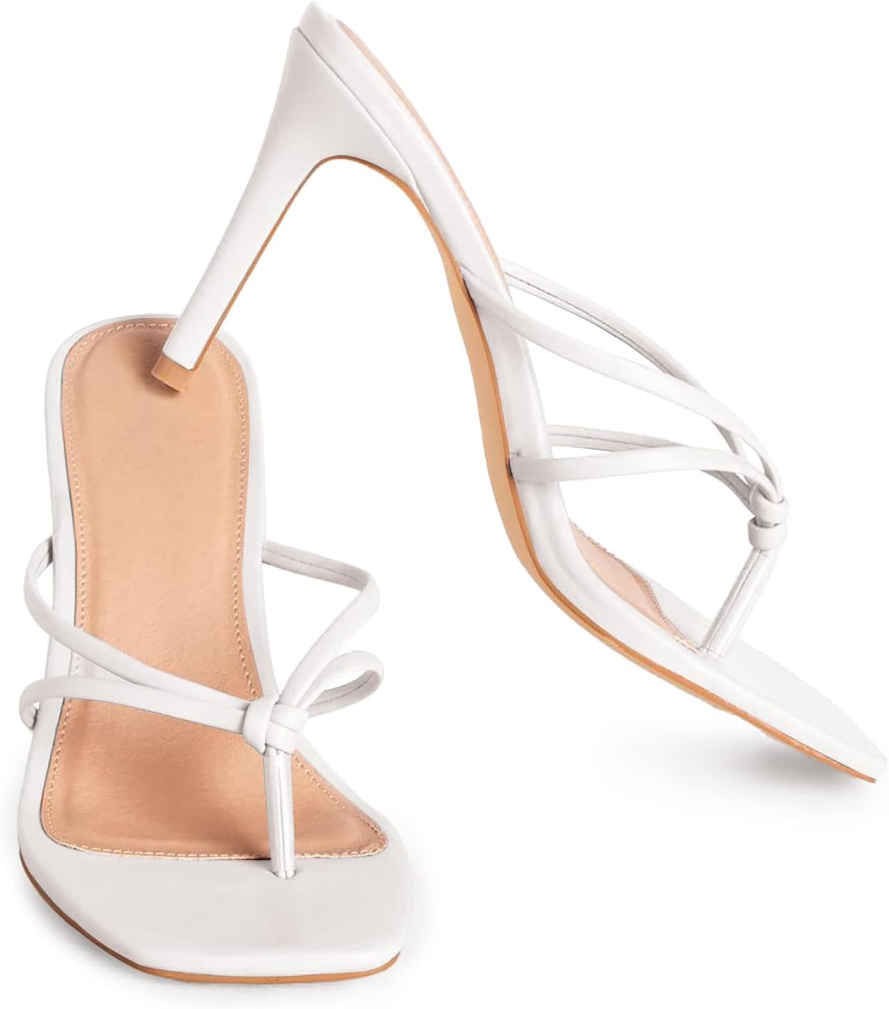 Coutgo Womens Heeled Sandals Strappy Square Toe Flip Flops Fashion Thong Slip on Stiletto Sandals