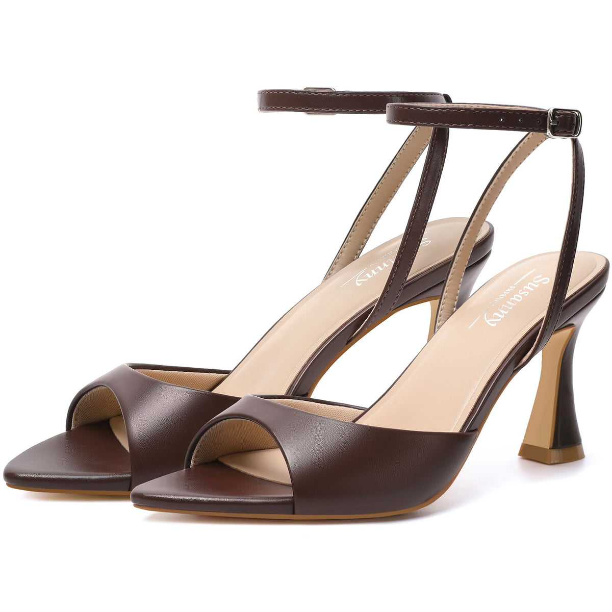 Susanny High Heels for Women Pointed Open Toe Strappy Chunky Block Heels Ankle Strap Stiletto Kitten Heeled Sandals Wedding Bridal Party Prom Sexy Dress Shoes