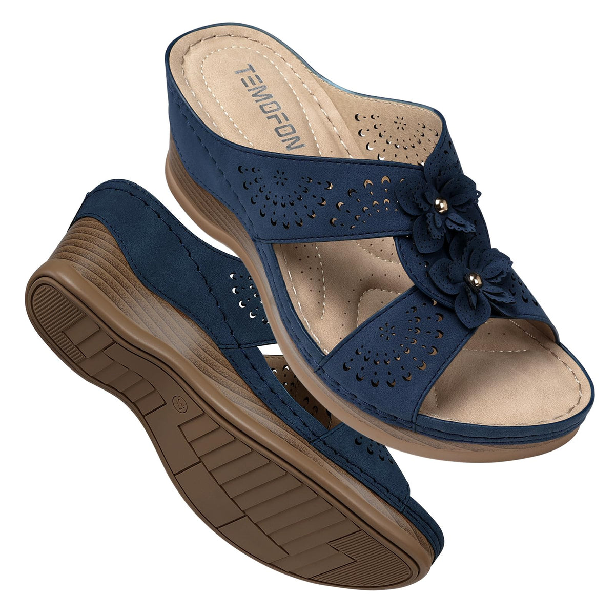 TEMOFON Womens Wedge Sandals Leather: Comfortable Walking Shoes Summer | Fit Wide Foot - Cute Style - Wear True Size 5-11
