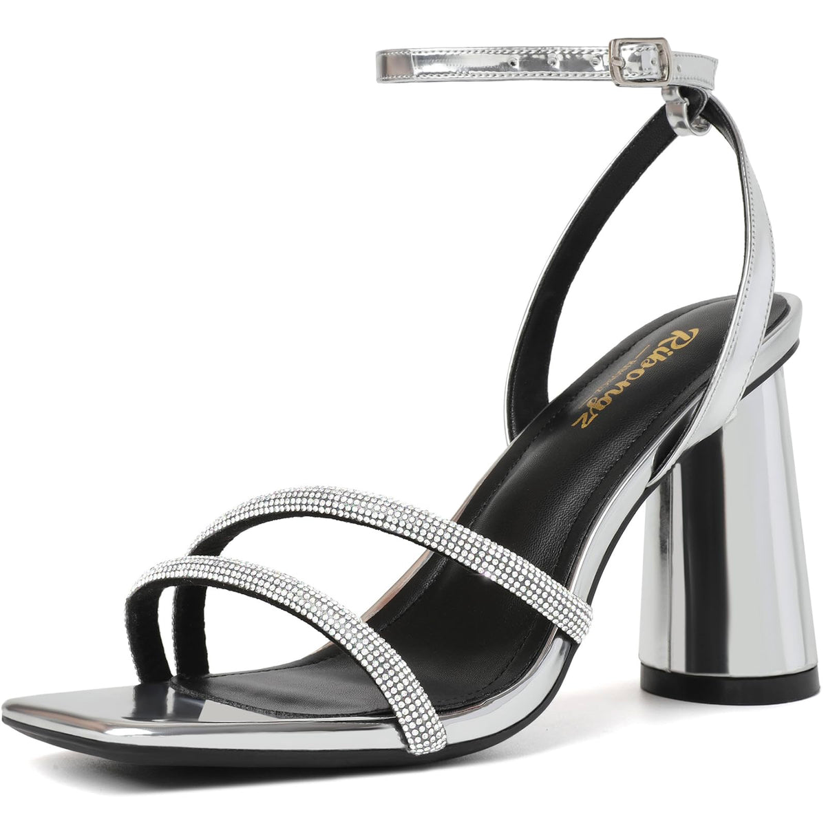 RIBONGZ Block Heels Prom Heeled Sandals for Women Chunky Square Open Toe Strappy High Heels Ankle Strap Wedding Bridal Shoes High Heel Sandals for Party Dress