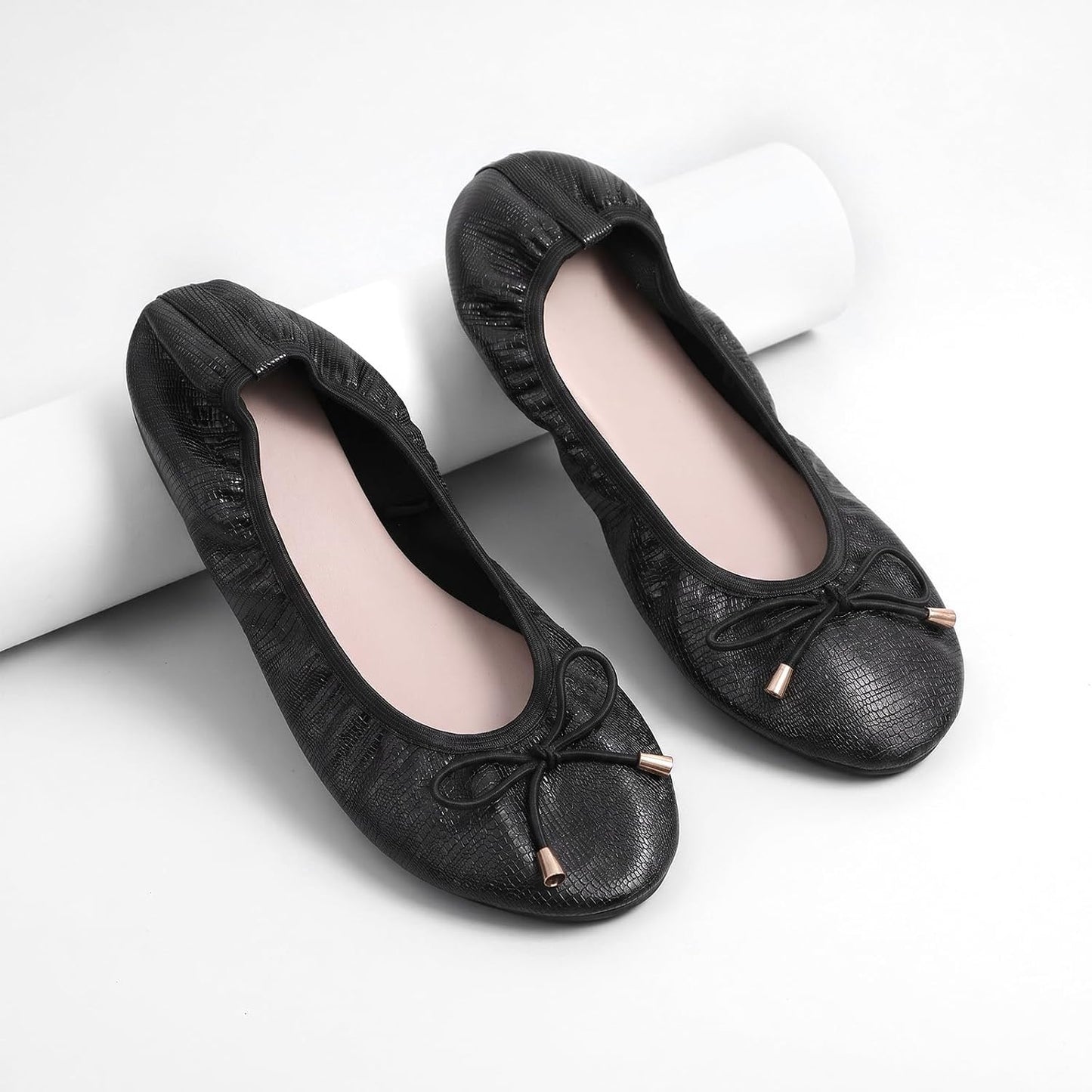 Black Foldable Flats for Women - Lightweight Slip-On Shoes with Bowknot - Travel Flats Foldable Shoes