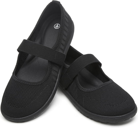 Waluzs Wide Toe Box Flats Shoes Women Knit Mary Jane Dress Shoes Wide | Walking Wide Width Barefoot Zero Drop Comfort Breathable Slip on Womens Ballet Mary Janes Sneakers with Velcro Ankle Strap